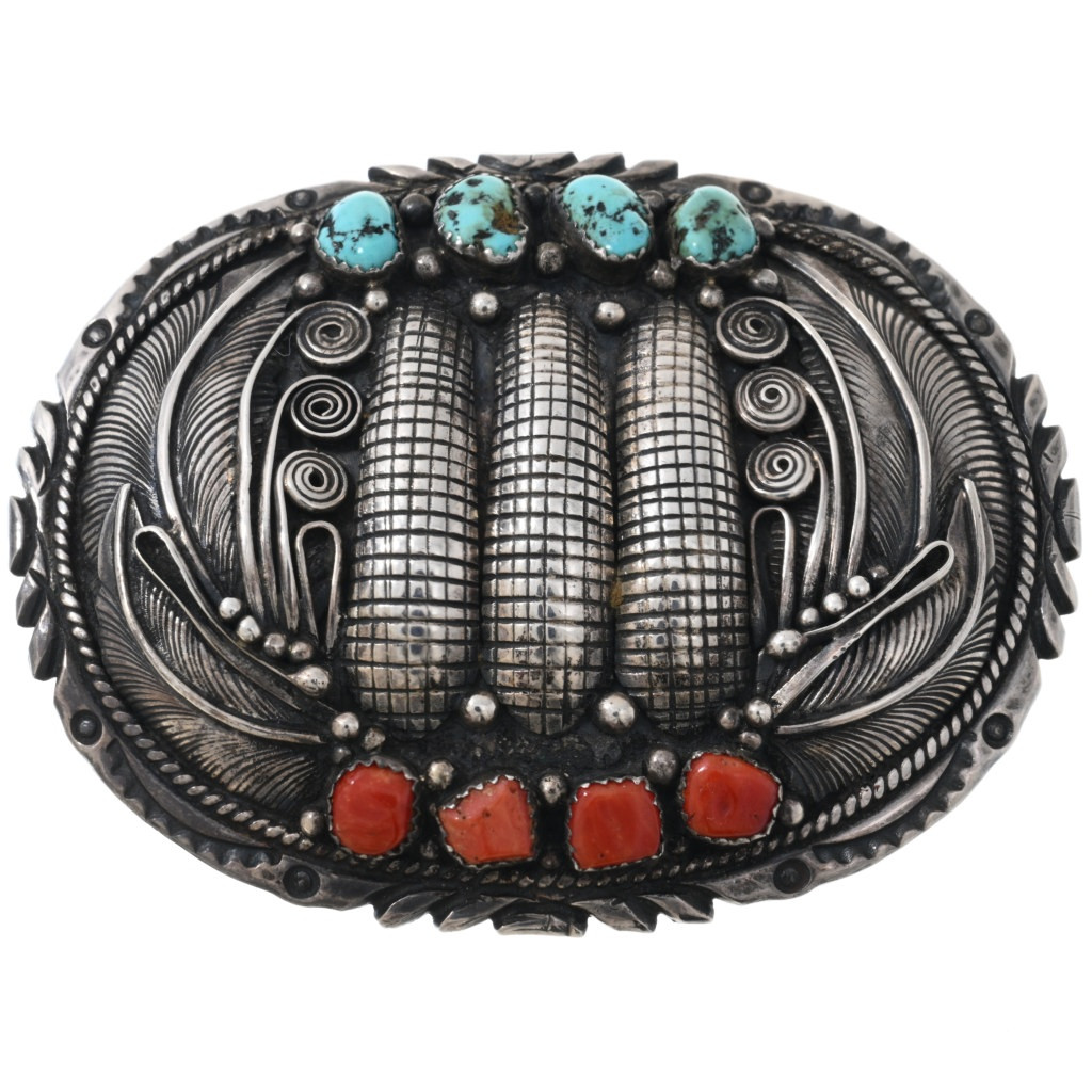 Vintage Turquoise Coral Silver Corn Belt Buckle Navajo Handmade
