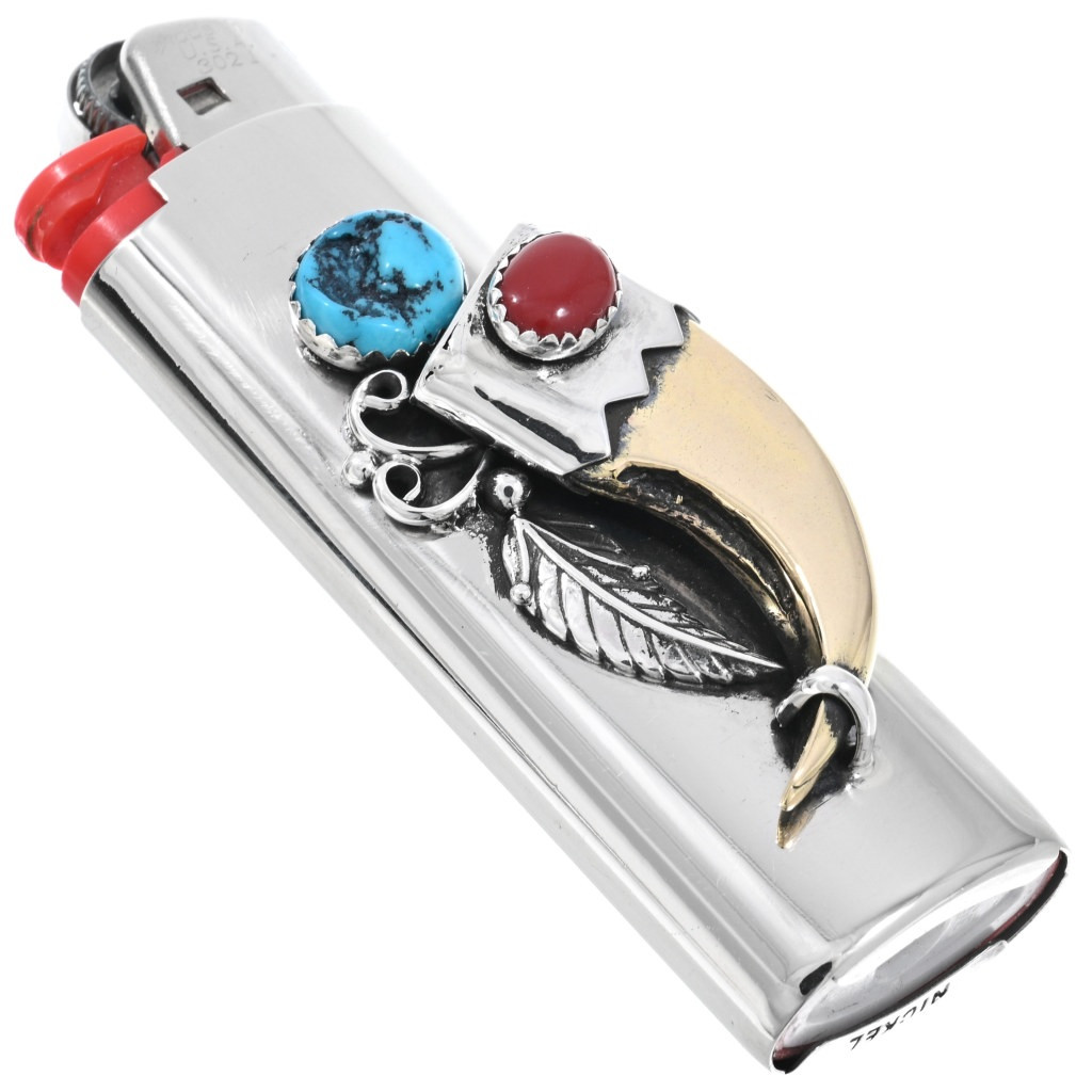 Navajo Sterling Gold Bear Claw Turquoise Coral Lighter Case 47878