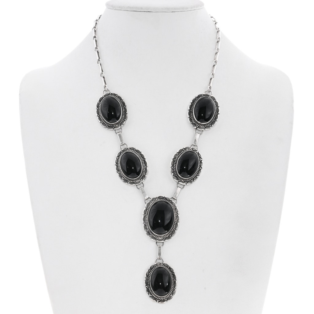 Vintage Navajo Six Stone Black Onyx Silver Y Necklace