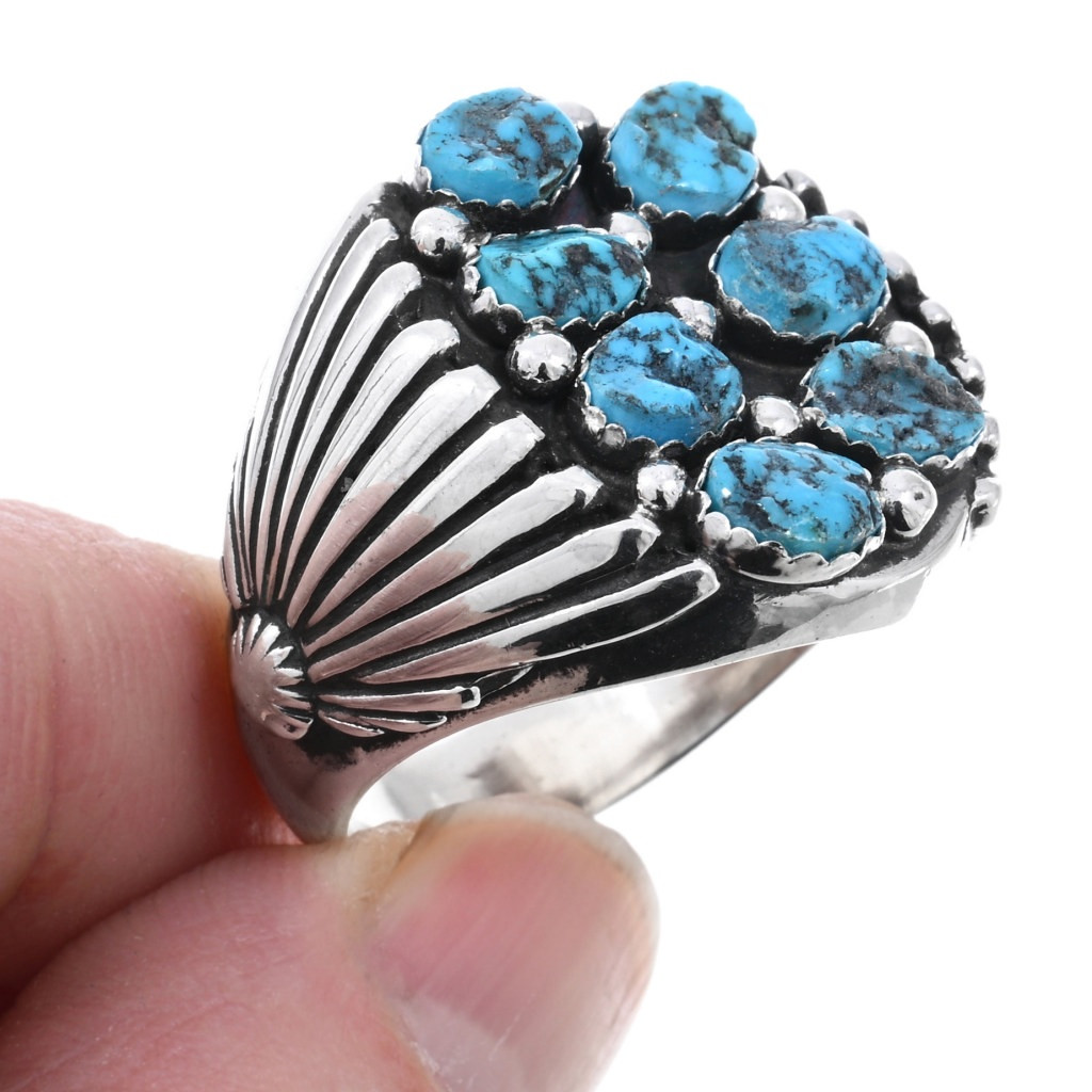 Navajo Style Kingman Nugget Cluster Sterling Silver Mens Ring 47892