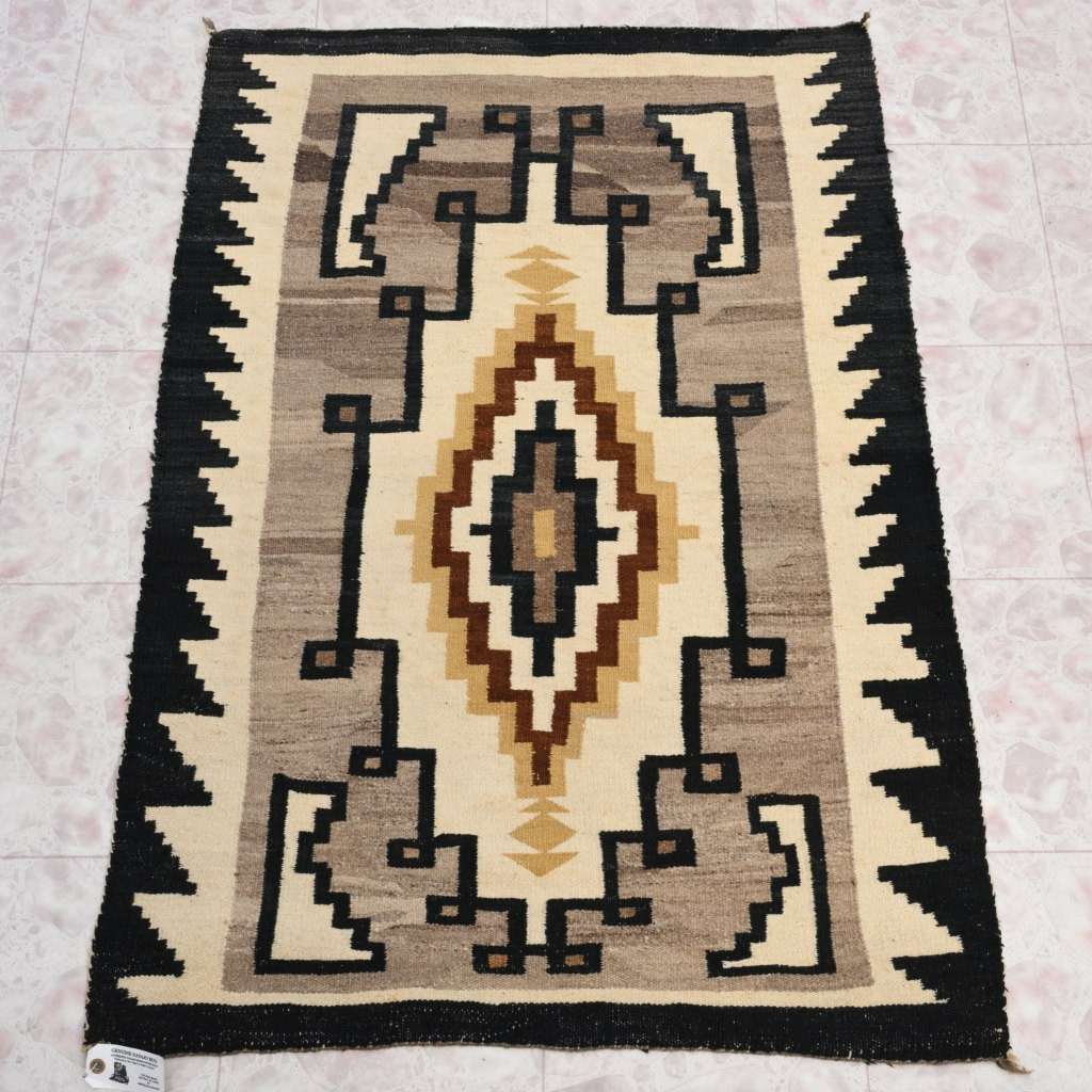 Vintage Authentic Two Grey Hills Navajo Hand Carded Wool Woven Rug