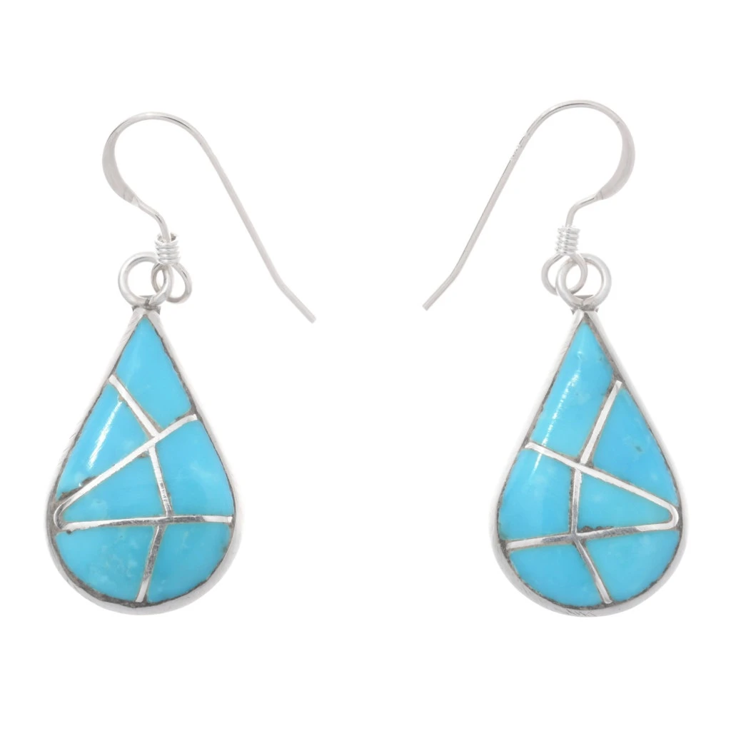 Zuni Sterling Silver Turquoise Inlay Teardrop Dangle Earrings by 