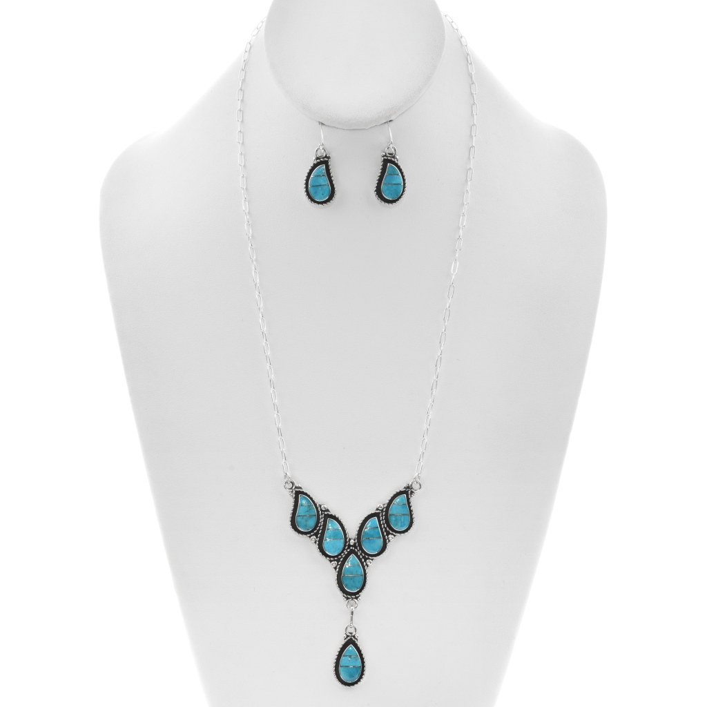 Zuni Inlay Teardrop Turquoise Sterling Silver Necklace Earring Set