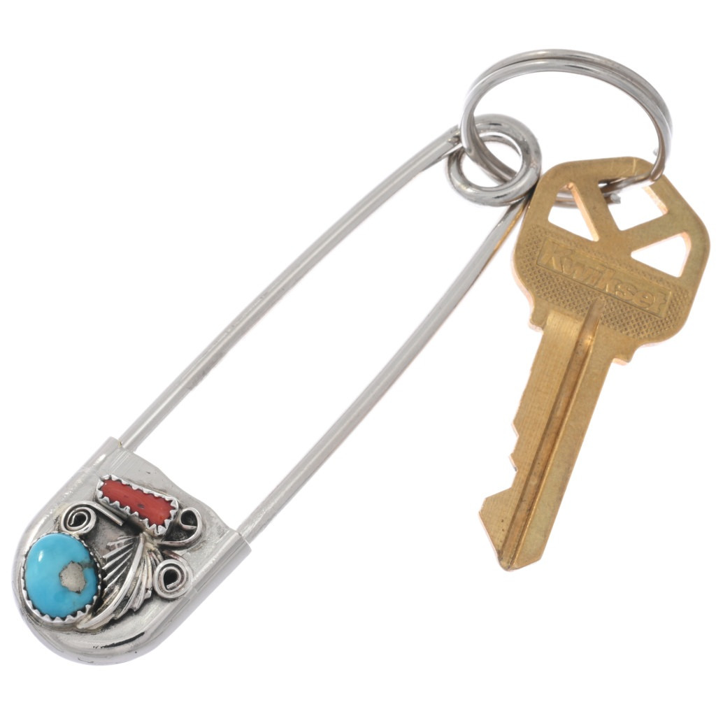 Navajo Turquoise Coral Sterling Silver Key Ring Safety Pin Style