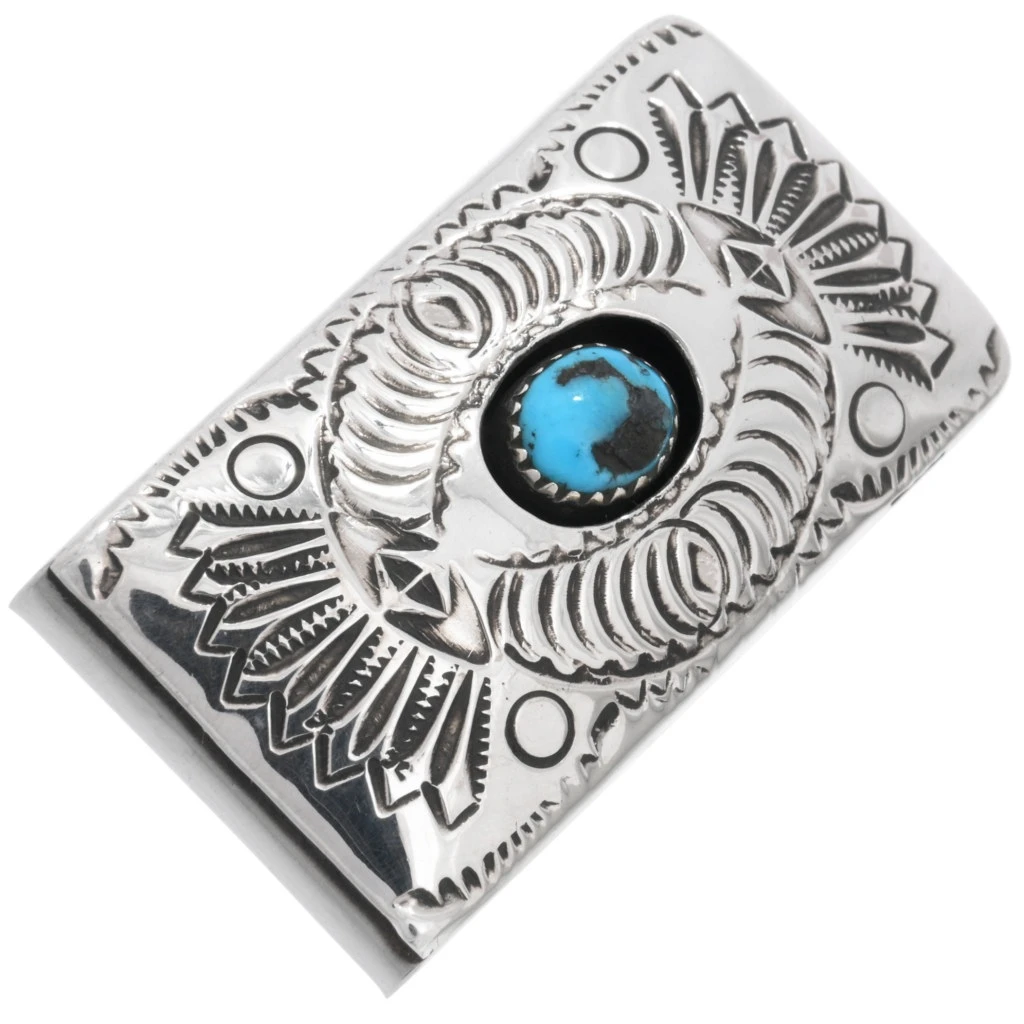Sterling Turquoise Money Clip Hand Stamped Southwest Design by