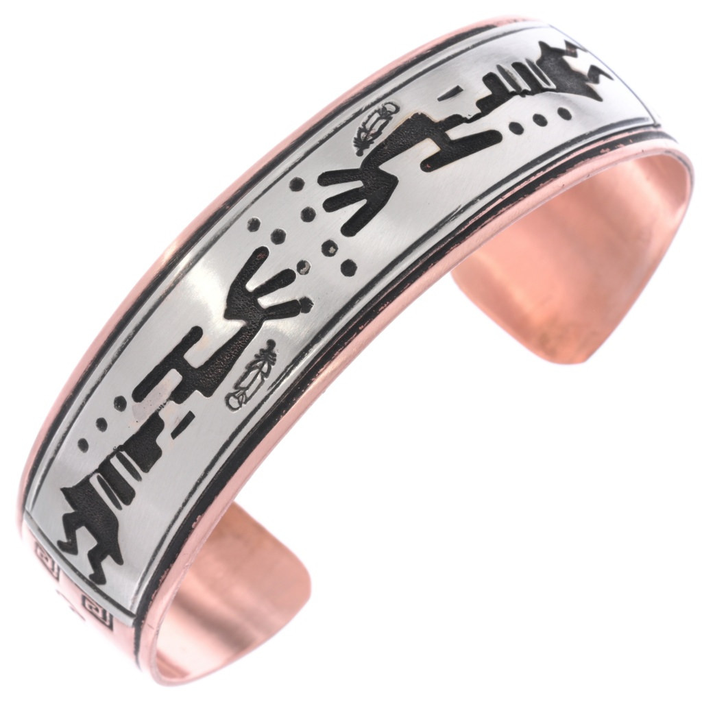 Copper Silver Kokopelli Bracelet Overlaid Kachina Navajo Cuff by
