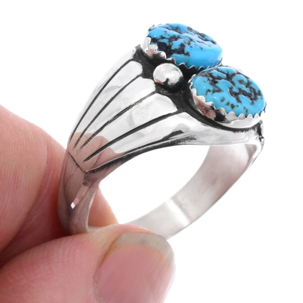 Turquoise Nugget Sterling Mens Ring Two Stone Silver 48820