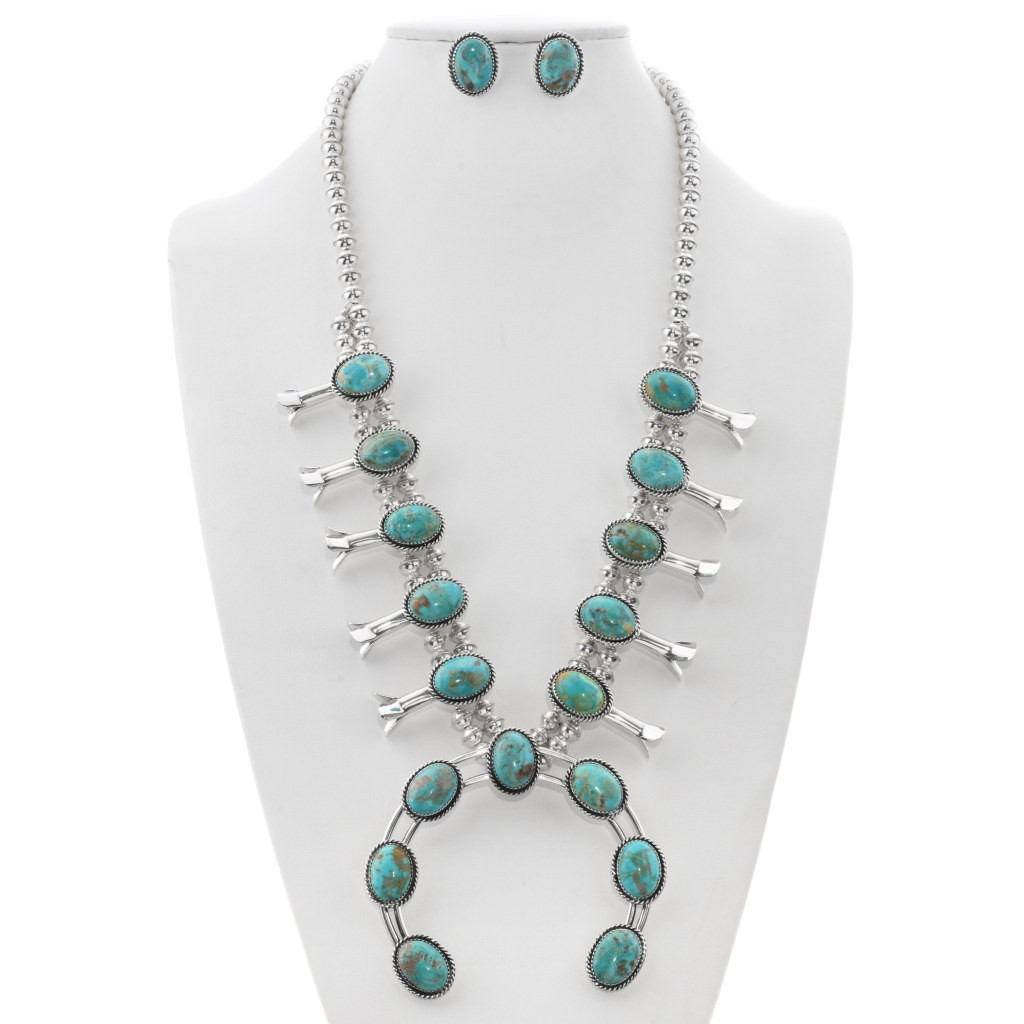 Turquoise Navajo Squash Blossom Necklace Sterling Silver Set by