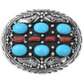 Navajo Turquoise Coral Sterling Silver Belt Buckle 11351