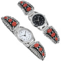 Ladies Red Coral Sterling Silver Navajo Watch 23015