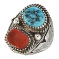 Turquoise Coral Silver Mens Navajo Ring 30127