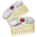 Coral Gemstone Silver Barrette Comb Hair Accessory 40930