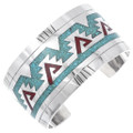 Navajo Turquoise Coral Sterling Silver Mens Bracelet 25179