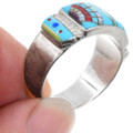 Turquoise Sterling Silver Ring Geometric Micro Inlay Pattern 44460