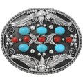 Large Sterling Silver Turquoise Coral Navajo Belt Buckle 44547