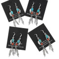 Traditional Turquoise Sterling Silver Feather Navajo Earrings French Hooks 46216