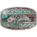 Vintage Sterling Silver Chip Inlay Coral Turquoise Belt Buckle 46261