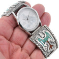 Vintage Mens Turquoise Coral Silver Navajo Waterbird Chip Inlay Watch Tip by Delvin Nelson 0412