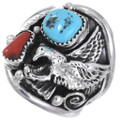 Navajo Turquoise Coral Sterling Silver Eagle Mens Ring 46559