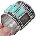 Vintage Faceted Turquoise Bracelet Wide Heavy Weight Sterling Silver Cuff 46627