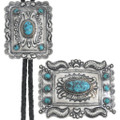 Ithaca Peak Turquoise Sterling Silver Navajo Concho Buckle Bolo Tie Set 0032