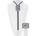 Ithaca Peak Turquoise Sterling Silver Navajo Concho Buckle Bolo Tie Set 0032