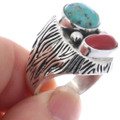 Textured Band Sterling Silver Turquoise Coral Ring 48225