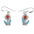 Sterling Silver Red Coral Turquoise Zuni Flower Earrings 48269