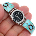 Vintage Zuni Inlay Watch Ladies Sleeping Beauty Turquoise Sterling Band 0259
