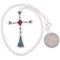 Sterling Silver Cross Pendant with Turquoise and Coral Chip Inlay 45749