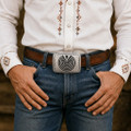 Man In The Maze Overlay Silver Belt Buckle by Calvin Peterson 0031