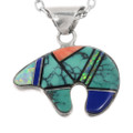 Vintage Multi Stone Inlaid Bear Reversible Pendant Sterling Silver 0474