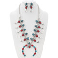 Sterling Silver Coral Turquoise Navajo Squash Blossom Set 49429