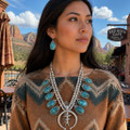 Persian Turquoise Squash Blossom Necklace Sterling Silver Set 0032