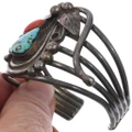Navajo Old Pawn Turquoise Red Coral Bracelet Cuff Sterling Silver 0189
