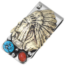 Native American Gold Bull Rider Turquoise Coral Silver Money Clip