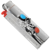 Item #805H- Navajo Sterling Silver Turquoise Coral Decorative Mini Bic  Lighter Cases by J.Martin —*Lighter Cases- EAGLE ROCK TRADING POST-Native