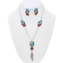 Navajo Turquoise Coral Necklace Earring Set 24775