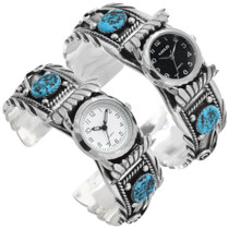 Kingman Turquoise Nugget Sterling Silver Navajo Watch Coral Accents 24468