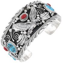 Turquoise Coral Sterling Silver Eagle Cuff Bracelet 15869