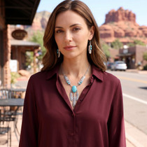 Turquoise Silver Feather Ladies Southwest Necklace Set 25593