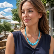 Large Round Turquoise Bead Necklace Sterling Accents 29745