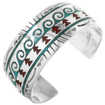 Turquoise Coral Inlaid Silver Navajo Cuff 29599