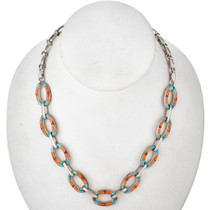 Inlaid Turquoise Coral Silver Link Necklace 29690