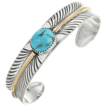 Navajo Turquoise Silver Gold Feather Cuff 29491