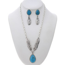 Turquoise Silver Feather Necklace Set 27559
