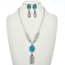 Turquoise Silver Feather Necklace Set 27559