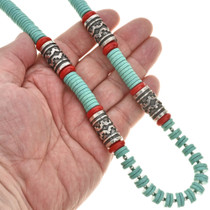 Unisex Navajo Turquoise Coral Silver Necklace 29695