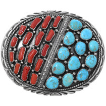 Sterling Silver Coral Turquoise Belt Buckle 24224