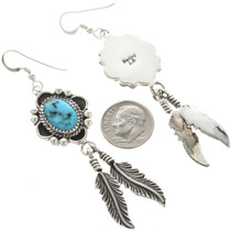 Native American Turquoise Silver Feather Dangle Earrings 26941